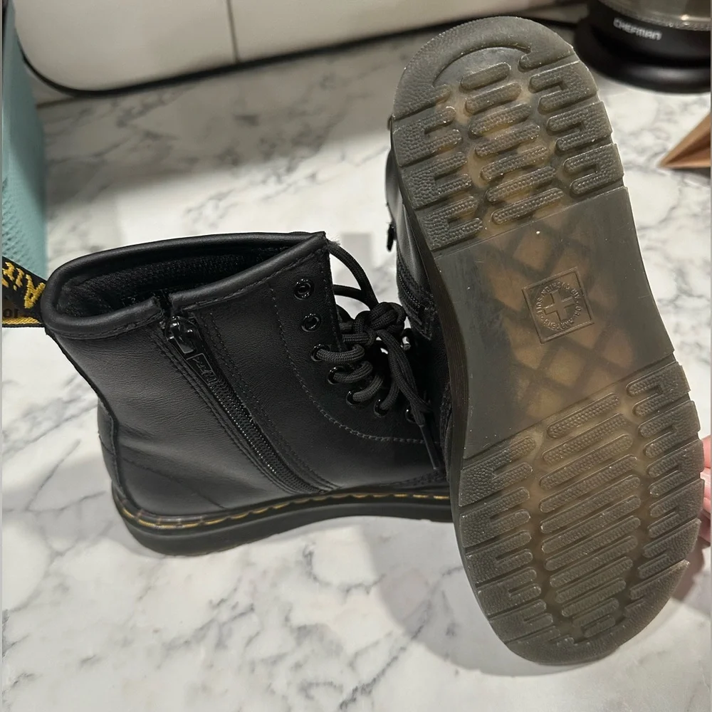 Dr. Martens Kids Black Leather Lace-Up Boots with Yellow Stitching